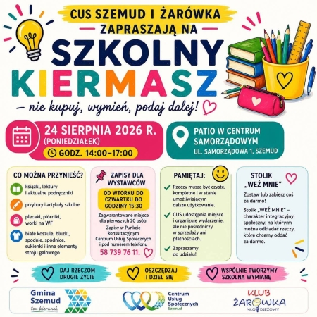 KIERMASZ W CENTRUM SAMORZĄDOWYM W SZEMUDZIE DNIA 24.08.2026r.